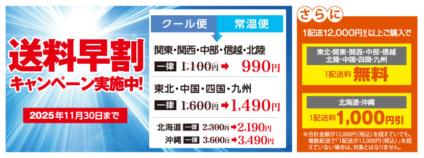 送料早割りキャンペーン 11/30まで実施中